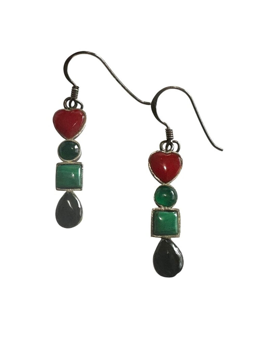Sterling Silver 925 Dangle Hook Earrings Red Heart Green Red Black